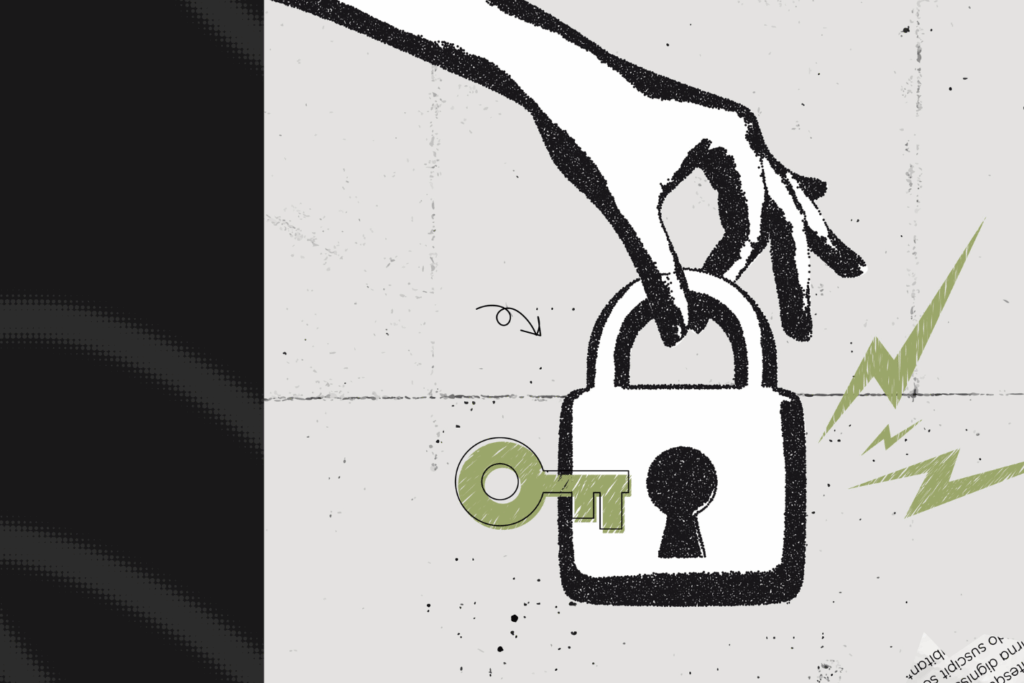 Trendy Halftone Stipple effect Hand holding padlock. Data is protected. Cyber security network. Confidentiality of personal information. Innovation technology. Retro vintage vector illustration art