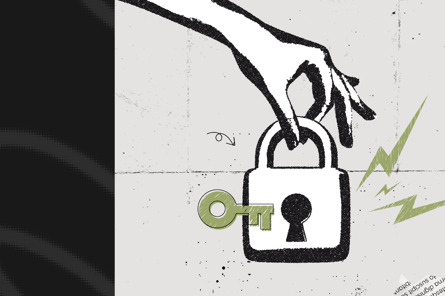 Trendy Halftone Stipple effect Hand holding padlock. Data is protected. Cyber security network. Confidentiality of personal information. Innovation technology. Retro vintage vector illustration art