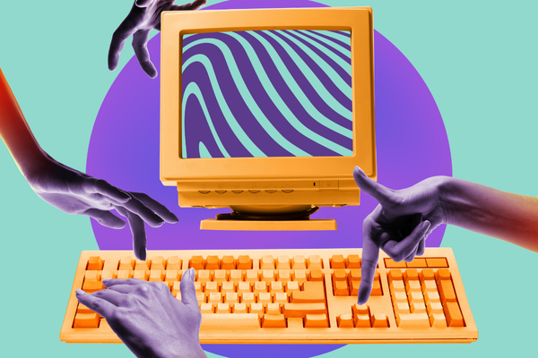 Human hands typing on vintage computer against mint background. Business, news, ad. Contemporary art collage. Concept of retro and vintage style, inspiration, past, nostalgia, creativity