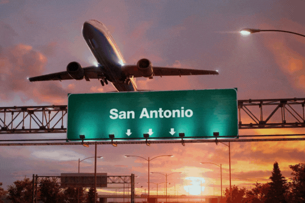 Airplane Take off San Antonio during a wonderful sunrise