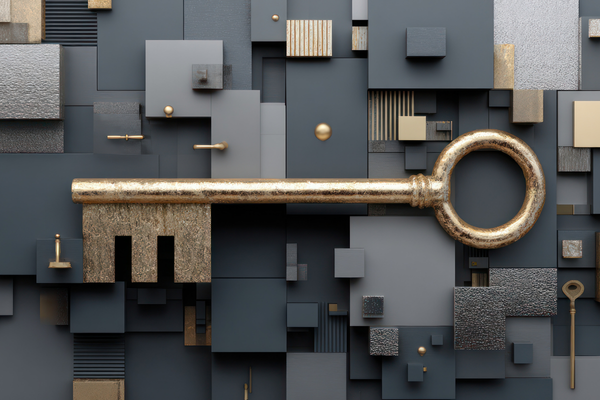 Golden key over abstract geometric background digital art