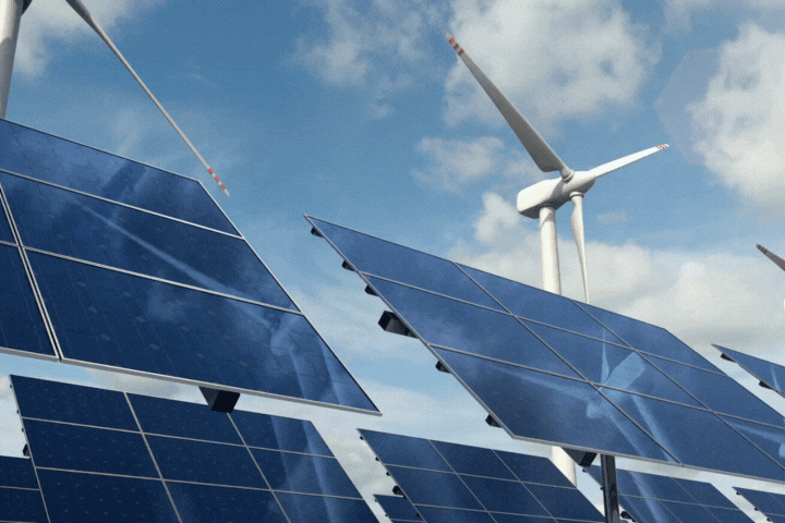 Solar panel cells and rotating wind turbines.