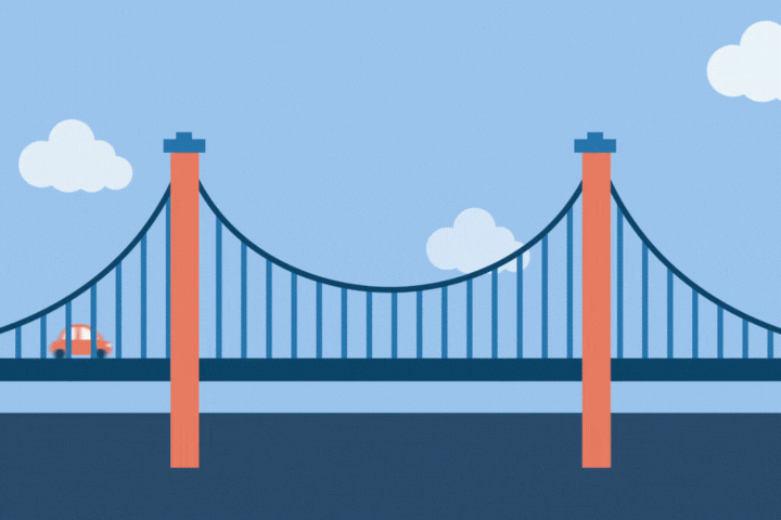 Cartoon vehicles moving on a bridge