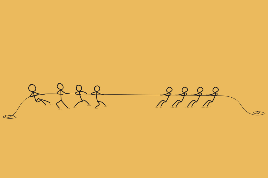 Minimalist Stick Figure Illustration of Two Teams Competing in Tug of War