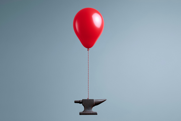 A red helium balloon attached to a heavy, rising anvil. Concept of financial debt