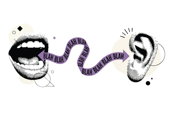 Illustration of a mouth speaking 'blah blah blah' towards an ear, symbolizing communication or lack thereof.