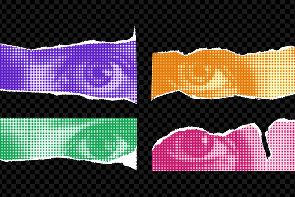 Set of vector female eyes as if png elements cut out of a magazine. Vibrant acid trend colors on transparent background. Emotional eye for collage. Vector illustration.