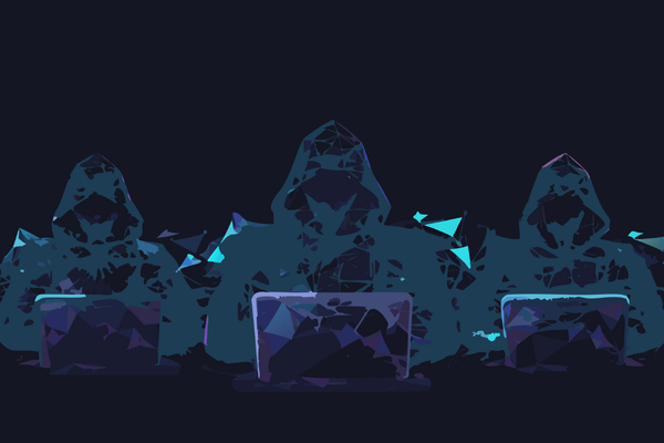 Abstract hacker group with laptops in dark low poly style