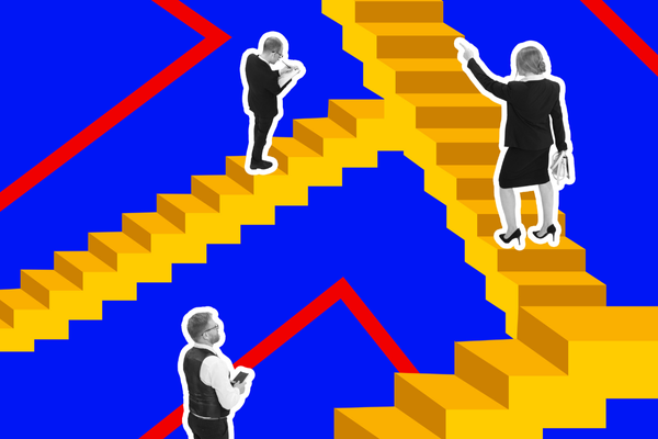 Downloaded Poster. Contemporary art collage. Monochrome gamma business people, employees rise up maze from stairs isolated on bright background.