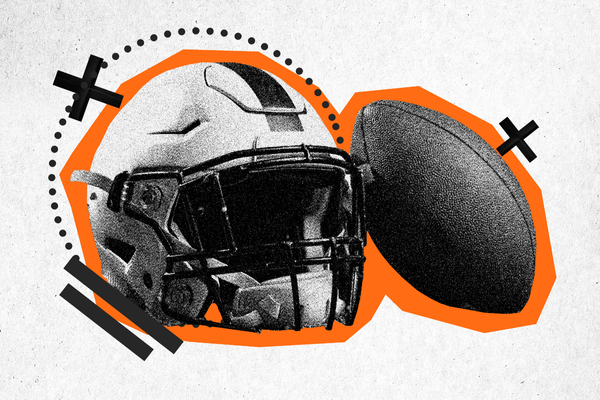 American football ball and helmet over abstract background with line art. Creative design. Paper texture style
