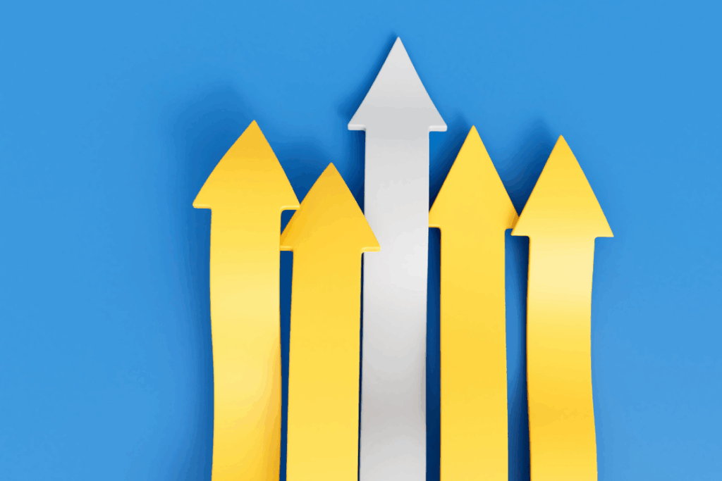 Arrows moving in the same direction with one standing out. Business strategy and leadership. 3D Rendering