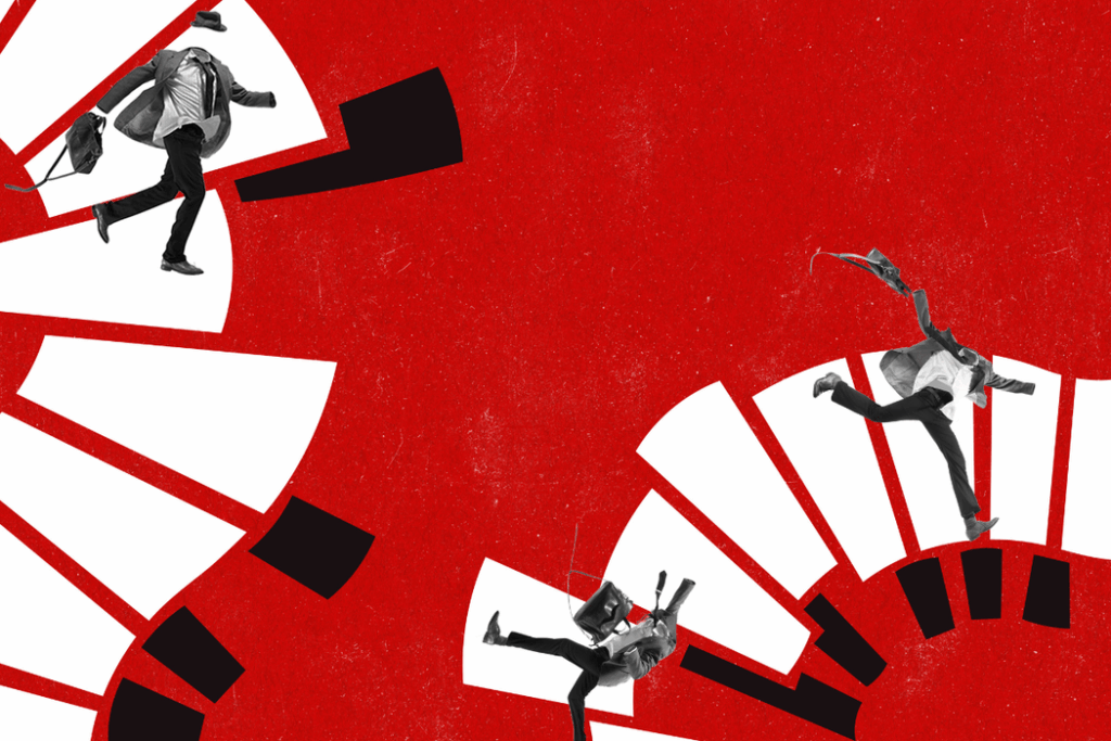 Contemporary art collage with man without head in suit walking along piano keys isolated over red background. Concept of music, surrealism