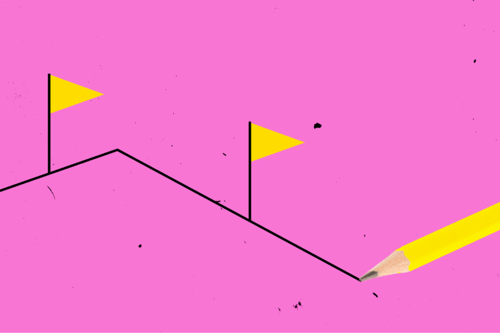 Composite image. Businessman walking along with yellow pencil while marking progress with yellow flags against pink background. Concept of business planning, roadmap navigation, strategic milestones.