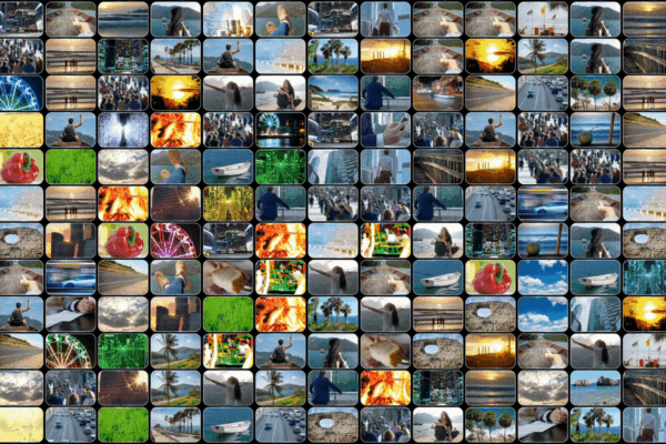 Wall of screens with video clips