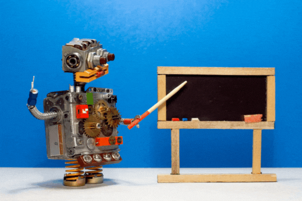 Artificial intelligence robotic machine learning concept. Robot professor explains modern theory. Classroom interior with empty black chalkboard mockup. Blue wall background