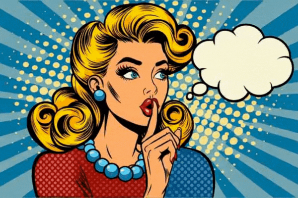 Woman show silence sign. Іllustration in retro pop art style. Message Shhh for stop talking and be quiet.