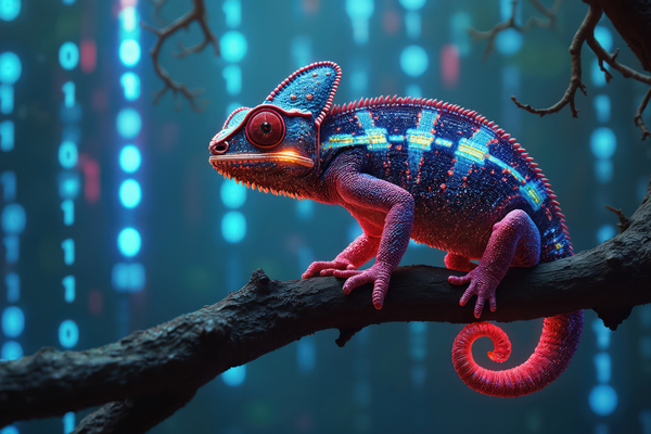 Tech chameleon sits on branch. Skin displays binary code. Illustration represents digital adaptation, innovation, computer sci, software engineering, data transformation, system update, AI concept.