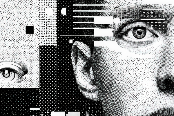 Young mans face with digital glitch art and security elements Concept of data privacy, cyber security, and identity theft in the digital age