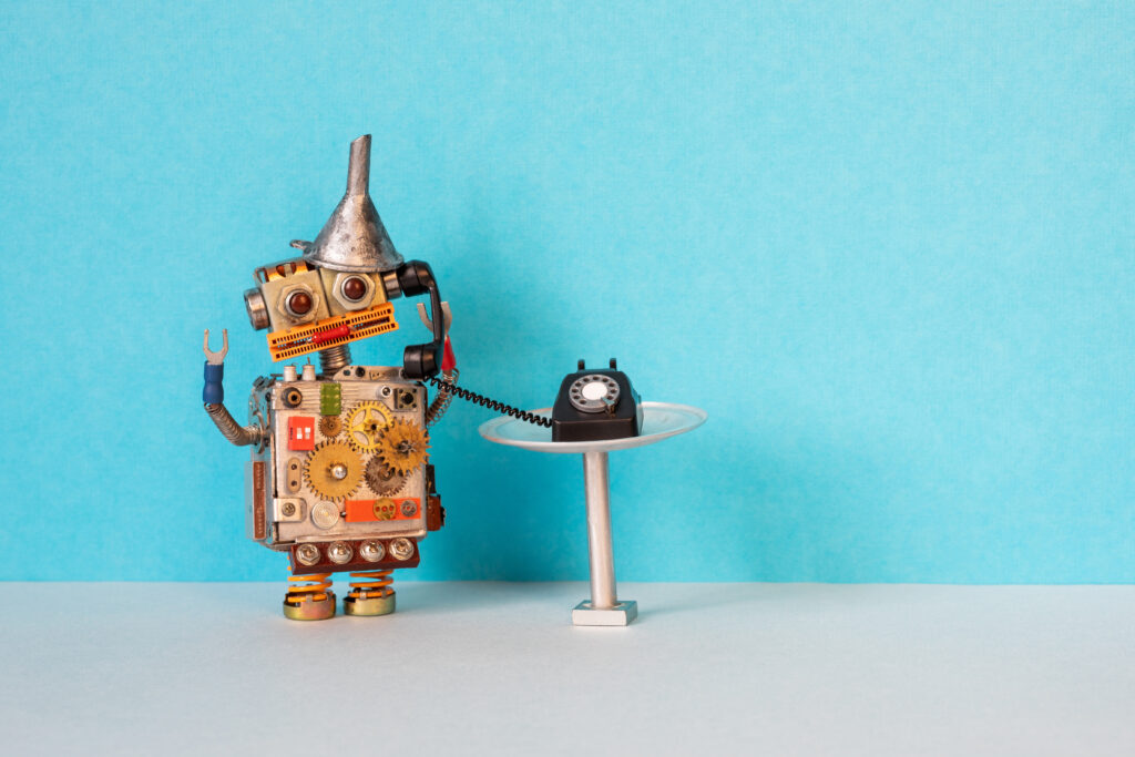 Downloaded Save to Library Preview Crop Find Similar File #: 578383535 Phone conversation concept. Robot operator listens to the handset of a vintage rotary telephone. The concept of operation of an automatic robotic support line or customer service.