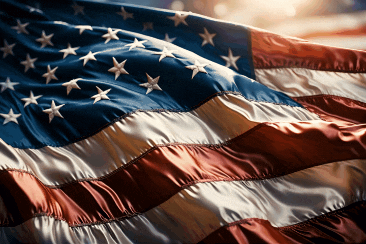 United States of America flag waving with sunlight