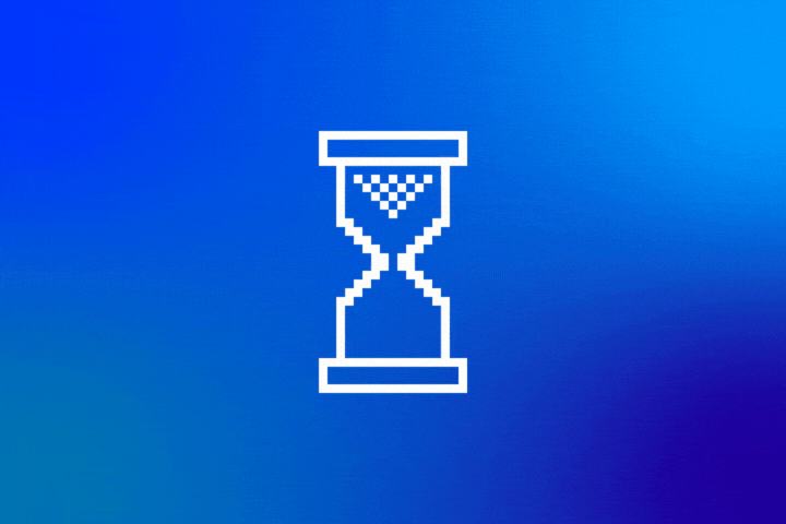 Spinning Pixel Computer Wait or Loading Hour Glass Over Blue Background.