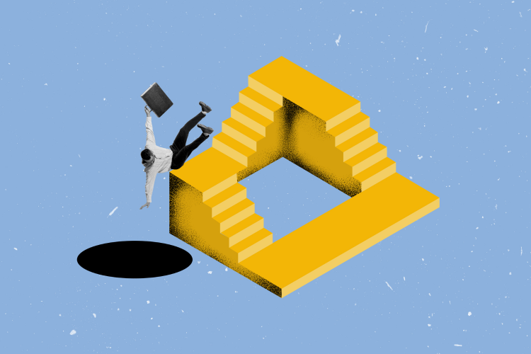 Businessman falling from endless yellow staircase into black void.