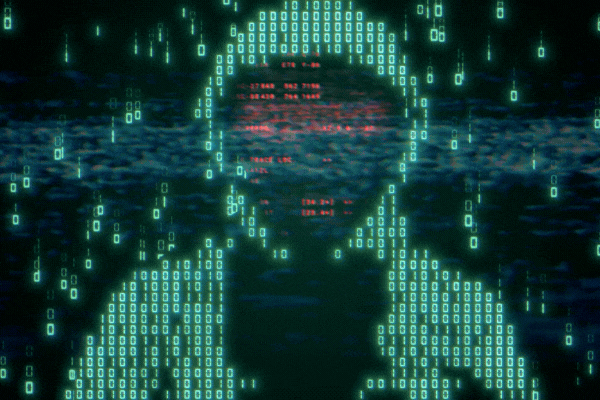 Computer hacker with hoodie and glitch face. Computer abstract digital code at the background. Darknet fraud and crypto currency bitcoin concept. Cybersecurity and data protection in social network