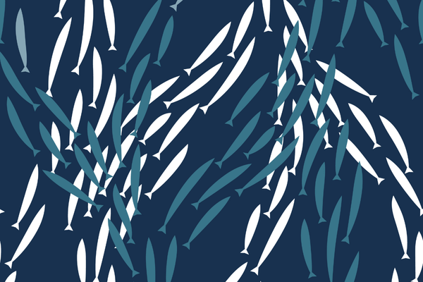 Blue and white school of small anchovy fishes, swimming underwater sea fauna, seamless pattern, vector