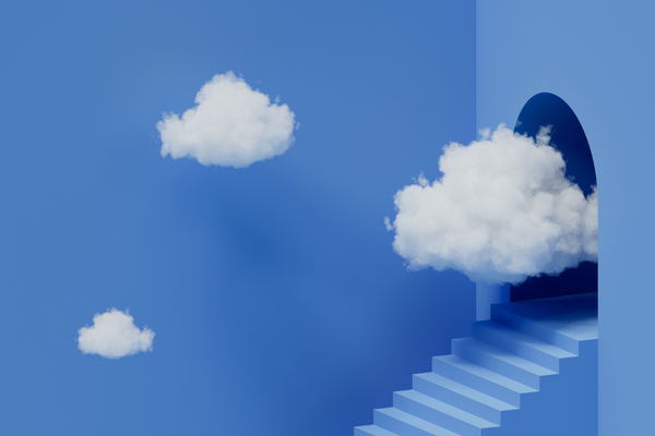 3d render, abstract blue minimalist background. White clouds flying out from the arch portal. Business metaphor. Minimalist wallpaper