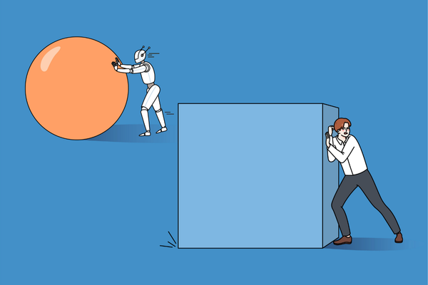 Robot push sphere leading businessman pushing box. Concept of work automatization and new modern technologies. Artificial intelligence in human job community. Vector illustration.