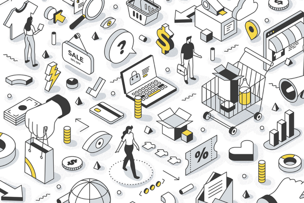 Business, e-commerce, and online shopping isometric banner. Abstract concept of searching & purchasing items via the internet