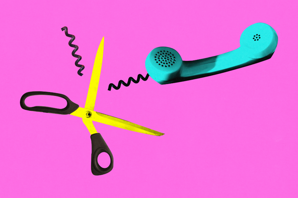 Contemporary art collage. Surreal artwork in vibrant trendy colors. Telephone receiver with its cord cut by pair of bright scissors. Concept of surrealistic representation of simple things.