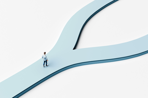Man facing two diverging paths, choosing direction for future decisions and life direction on a smooth modern forked walkway, 3d render