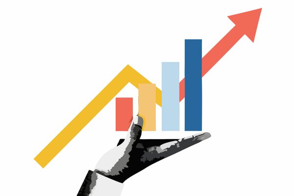 Robot hand holding a rising bar graph and arrow symbolizing financial growth and success