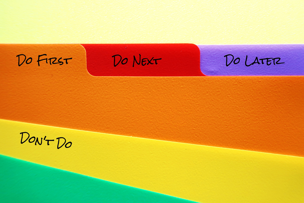 Document folder with tags labels DO FIRST DO NEXT DO LATER DON'T DO, concept of time management skills, knowing priority of tasks, difference between important and urgent tasks