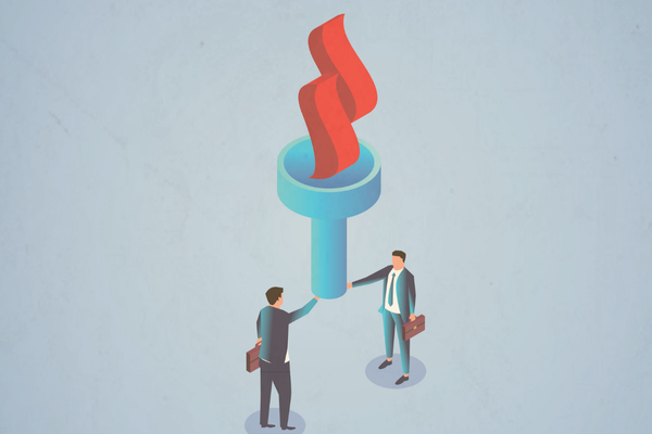 Businessman passes the torch to a companion, business concept illustration