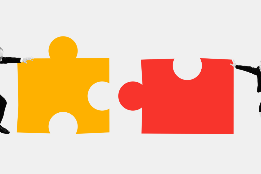 Downloaded Banner. Modern aesthetic artwork. Two business partners trying to moves and connect pieces of puzzles, symbolized harmonious teamwork. Concept of business cooperation, partnership, entrepreneurship