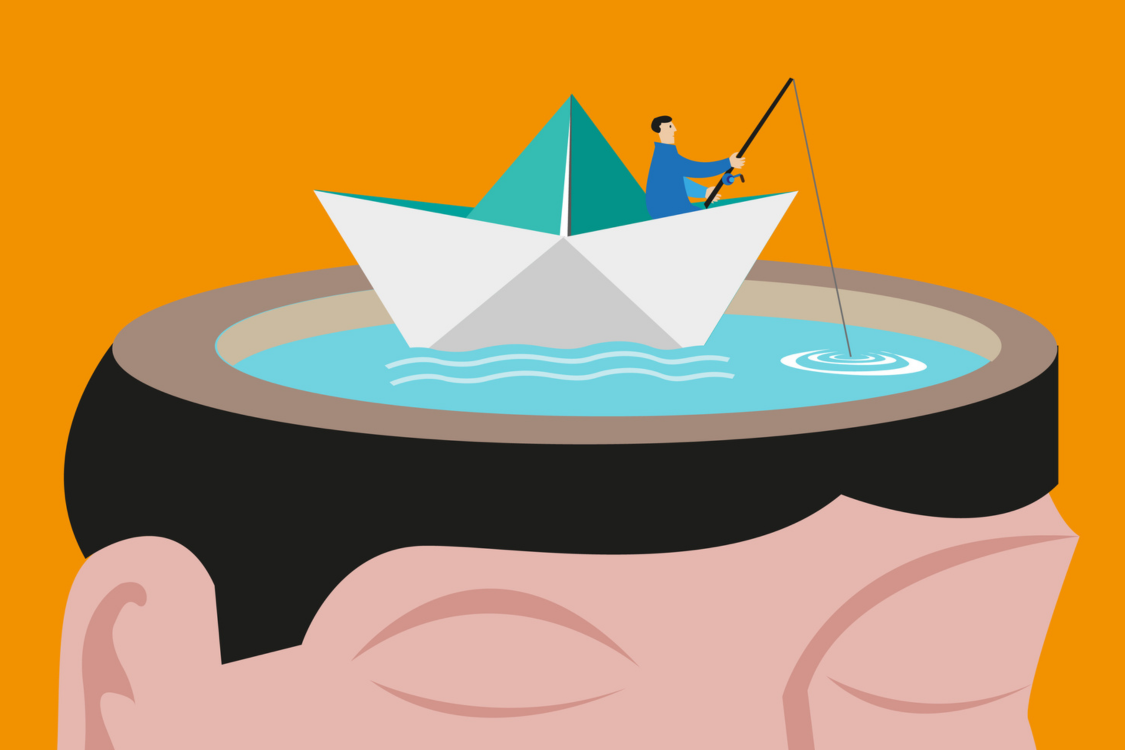 A Methaphor of a Fisherman Riding a Paperboat which Floats on a Head Made of a Lake. Editable Clip Art.
