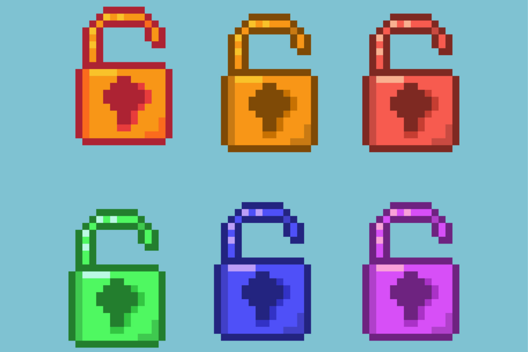 Pixel art sets of padlock with variation color items asset. simple padlock for doors security on pixelated style.8bits perfect for game asset or design asset element for your game design asset.