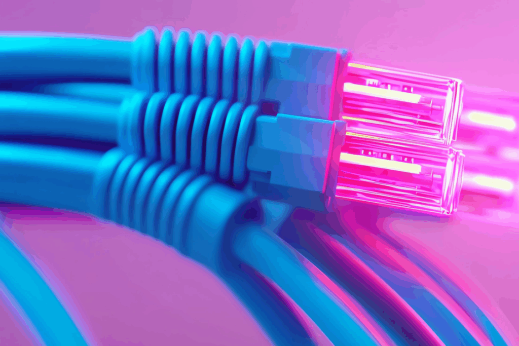 Colorful network cables against a pink background.