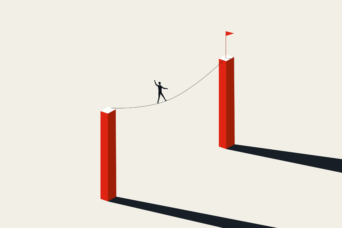 Buisnessman walking tightrope vector concept. Symbol of business risk, courage, overcome challenges.