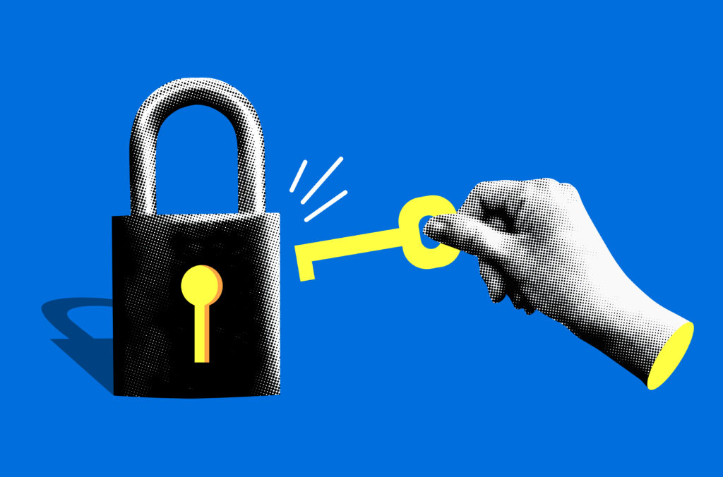 Halftone hand inserts key into padlock. Data protection, security concept. Safety and privacy. Modern collage