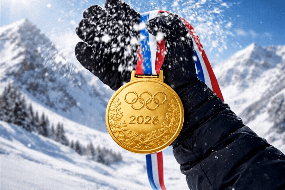 Gold olympic metal with black glove hand holding it.
