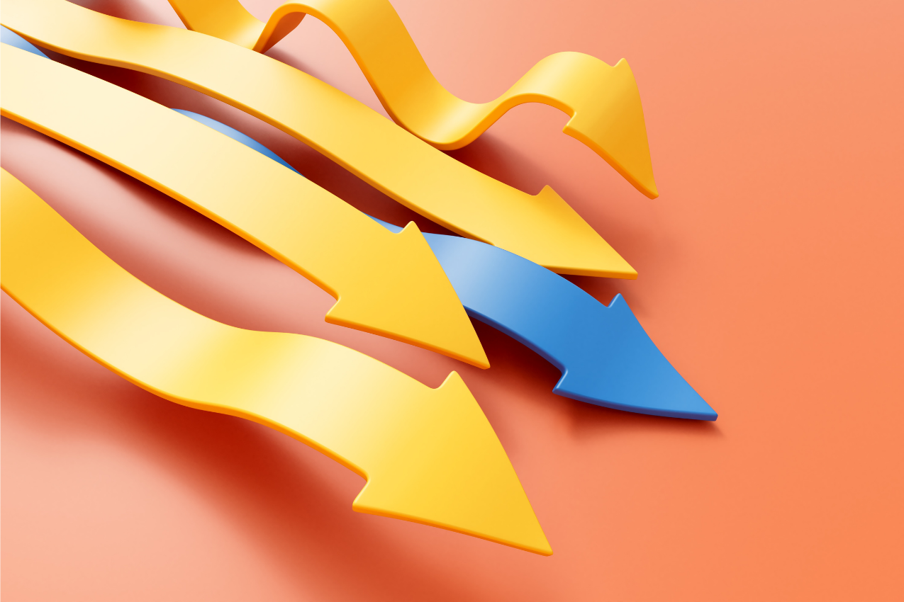 Arrows moving in the same direction with one standing out. Business strategy and leadership. 3D Rendering