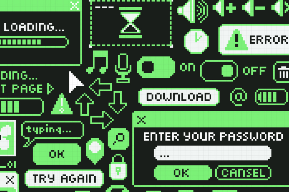 Pixel Art Retro UI set. Y2K computer icons collection. 8-bit acid green PC windows and buttons collection. Loading bar, file folder, music player, login form, error and try again. Vector illustration.