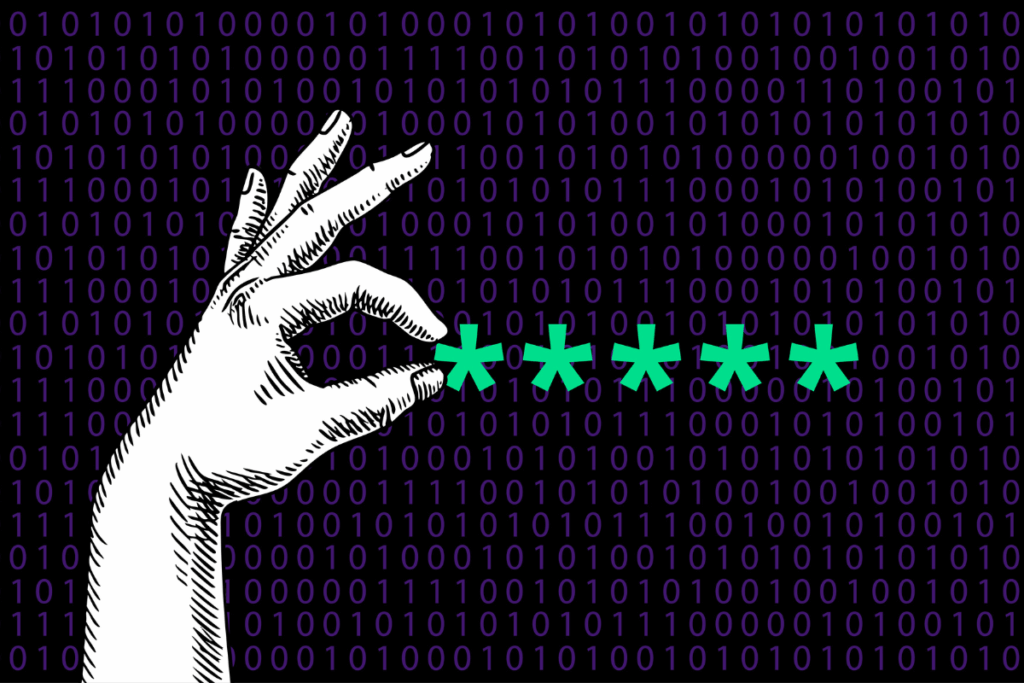 Sketch hand with password stars. Data protection, login, cybersecurity, cloud service, insurance, crypto platform, identity management, web hosting concept. Hand drawn vector illustration.