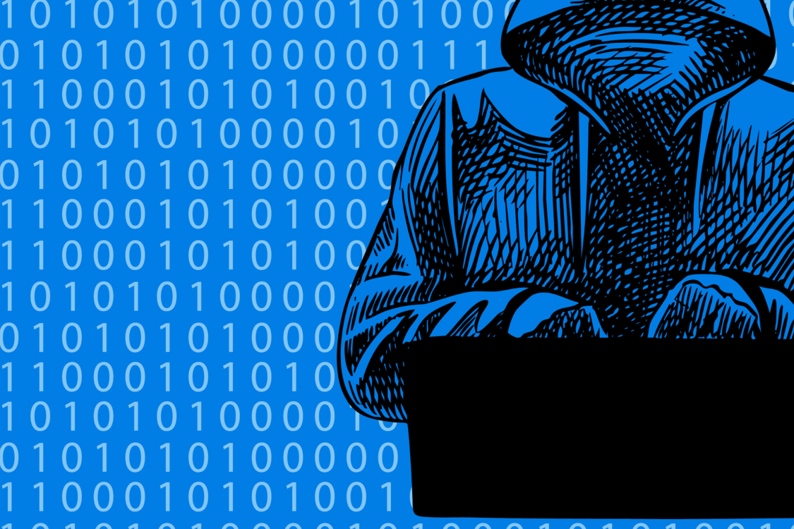 Sketch hooded hacker with laptop, binary background. Cybercrime scene, data risk. Cybersecurity, privacy, banking, insurance, crypto exchange concept. Hand drawn vector illustration.