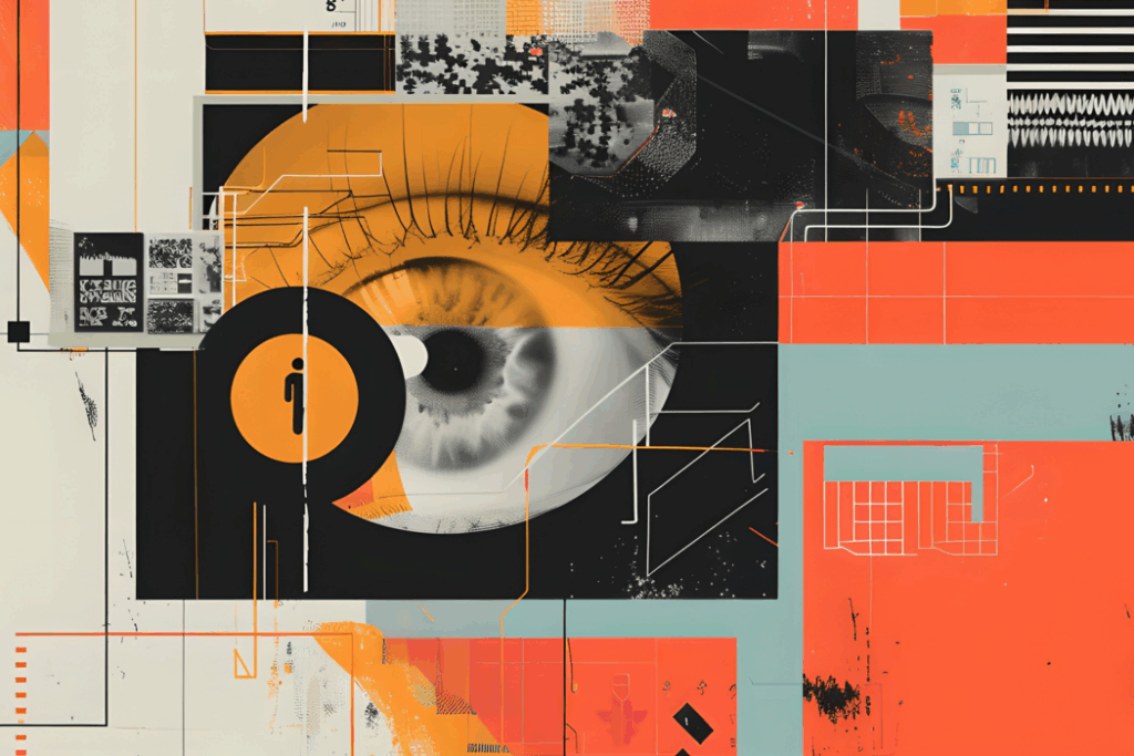 Downloaded Man's portrait with abstract geometric eye element. Digital art collage. Design for poster, banner, social media. Total control and propaganda concept. Cyber security and digital technology