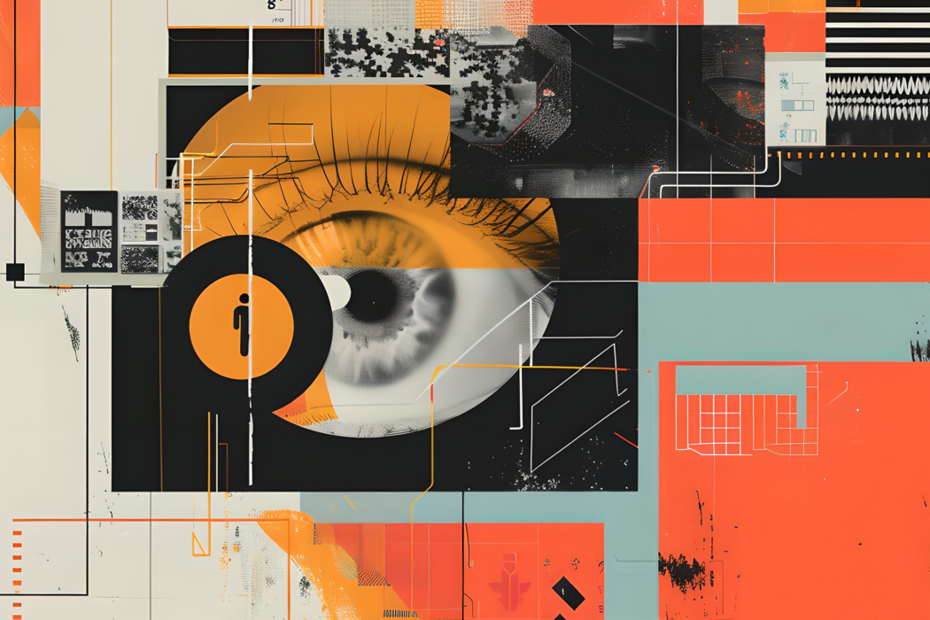 Downloaded Man's portrait with abstract geometric eye element. Digital art collage. Design for poster, banner, social media. Total control and propaganda concept. Cyber security and digital technology