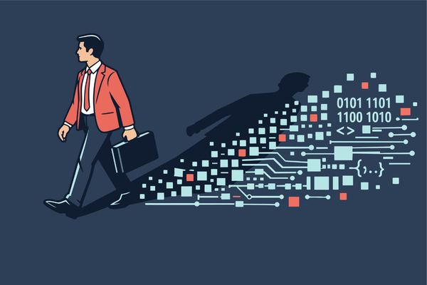 Businessman leaving digital footprint, shadow dissolving into data, symbolizing privacy, big data, and cybersecurity